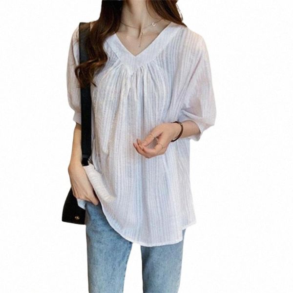 women's blouse summer solid color shirt loose short sleeve v-neck bottoming female blouses & shirts i1og#, White
women's blouse summer solid color shirt loose short sleeve v-neck bottoming female blouses & shirts i1og#, White
