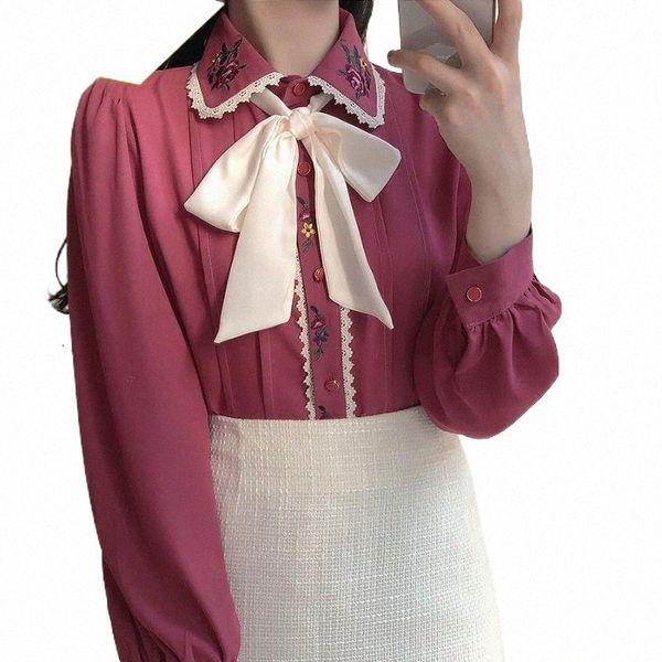 women's blouses & shirts elegant flower embroidery bow beading blouse women turn down collar long sleeve single breast blusas spring sh, White
women's blouses & shirts elegant flower embroidery bow beading blouse women turn down collar long sleeve single breast blusas spring sh, White