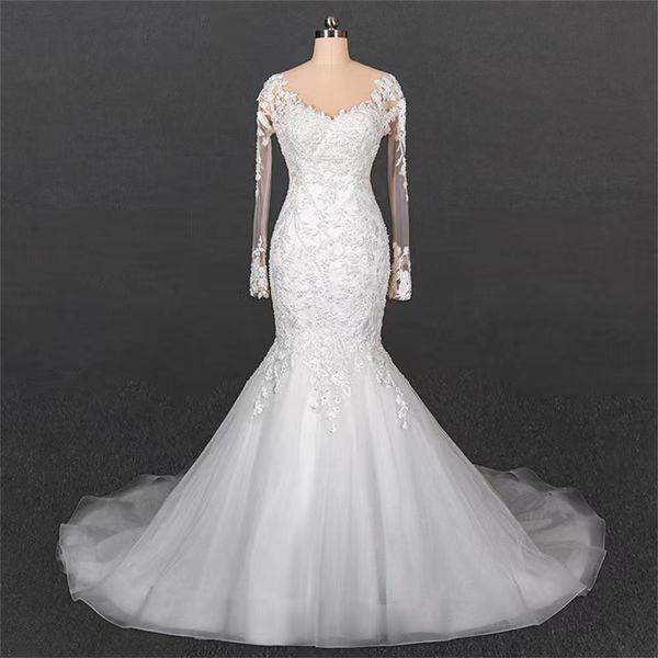 mermaid wedding dress large tail elegant lace clear mesh slim fit and slim long-sleeved my20606, White
mermaid wedding dress large tail elegant lace clear mesh slim fit and slim long-sleeved my20606, White