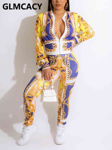 women's two piece pants women two piece vintage chain printed tracksuits long sleeve zip up jacket slim pants set t220902, White 
women's two piece pants women two piece vintage chain printed tracksuits long sleeve zip up jacket slim pants set t220902, White