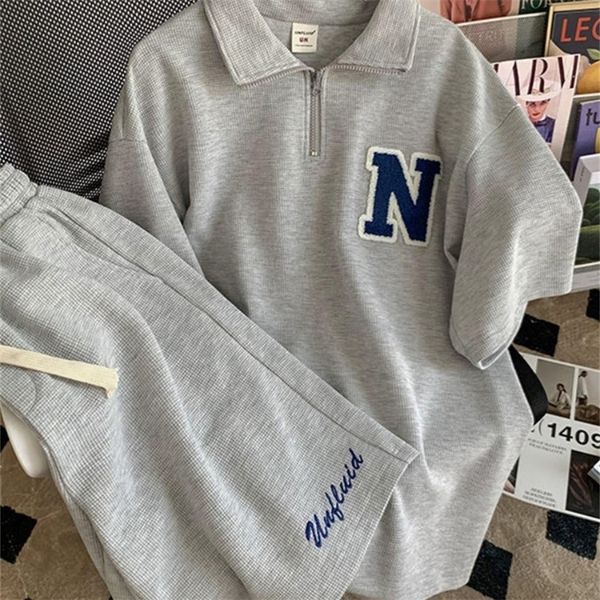 men's tracksuits waffle sports suit summer hong kong style short-sleeved polo shirt korean lstter shorts casual handsome two-piece set, Gray
men's tracksuits waffle sports suit summer hong kong style short-sleeved polo shirt korean lstter shorts casual handsome two-piece set, Gray
