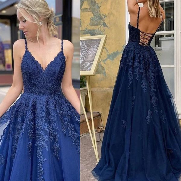a line prom dress spaghetti strap backless lace appliques tulle criss cross back v neck long evening party dresses, Black
a line prom dress spaghetti strap backless lace appliques tulle criss cross back v neck long evening party dresses, Black