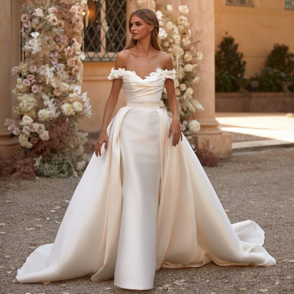 stylish mermaid wedding dress off shoulder sleeveless strapless satin appliques sequins floor length detachable train bridal gowns plus size, White
stylish mermaid wedding dress off shoulder sleeveless strapless satin appliques sequins floor length detachable train bridal gowns plus size, White