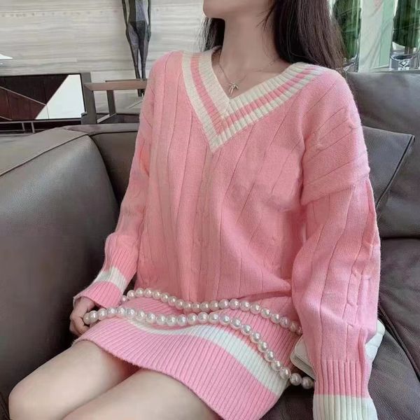 

women sweaters loose oversized knitted sweater pink black white V-neck pullover in autumn 2022 women fashion street wear Size S M  XL WomensSweaters Cardigan de malha, Army green