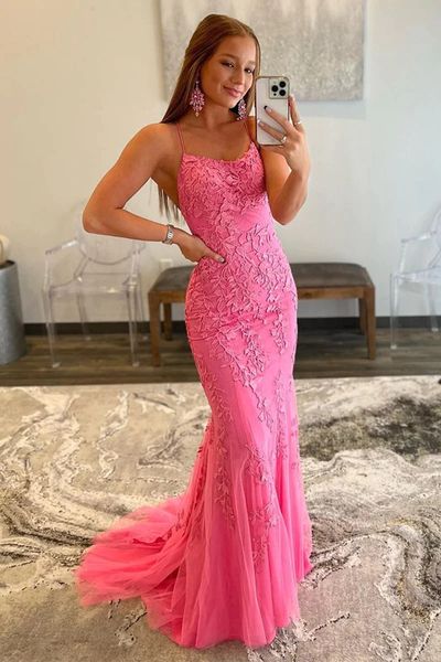 pink mermaid spaghetti strap lace evening dresses appliques tulle backless sweep train prom gowns, Black;red
pink mermaid spaghetti strap lace evening dresses appliques tulle backless sweep train prom gowns, Black;red