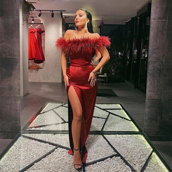feather split mermaid evening dresses off the shoulder satin prom gowns simple womens long prom party dress, Black;red
feather split mermaid evening dresses off the shoulder satin prom gowns simple womens long prom party dress, Black;red