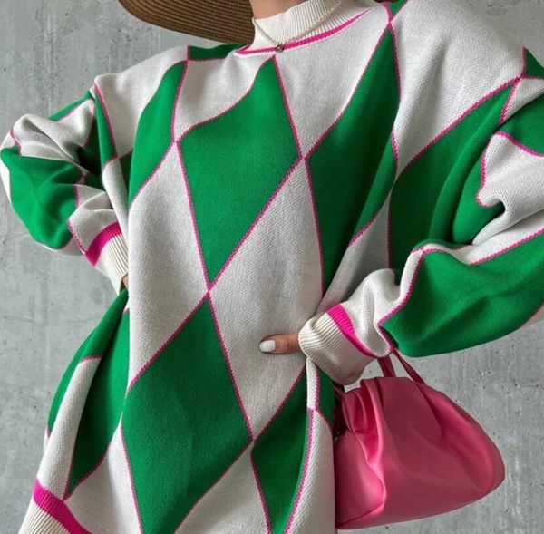 women's sweaters knitted pullover sweaters contrast color rhombus pattern sweater dress retro lady loose cozy mid-length jumper, White;black
women's sweaters knitted pullover sweaters contrast color rhombus pattern sweater dress retro lady loose cozy mid-length jumper, White;black