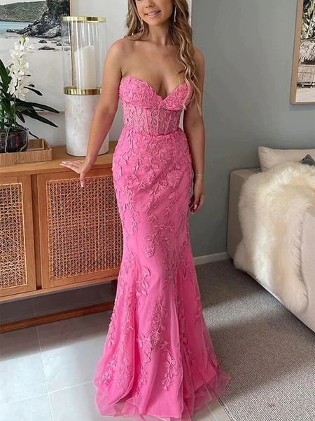 pink mermaid strapless lace evening dresses appliques tulle backless sweep train prom gowns, Black;red
pink mermaid strapless lace evening dresses appliques tulle backless sweep train prom gowns, Black;red