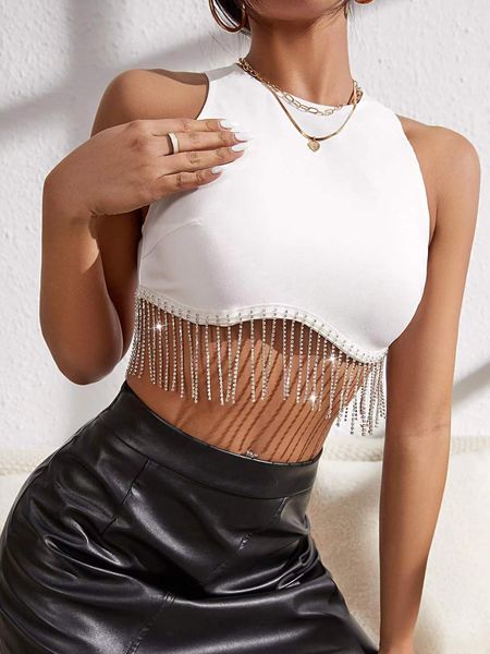 women's tanks solid color rhinestone fringe vest cross border european and american sleeveless hanging top, White
women's tanks solid color rhinestone fringe vest cross border european and american sleeveless hanging top, White