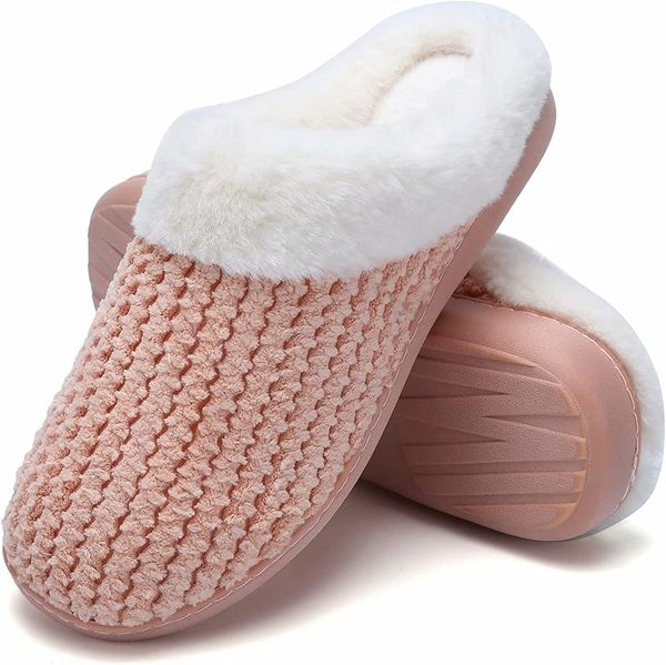winter knit slippers women's warm memory foam non-slip home shoes orange, Black