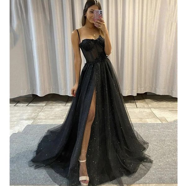 tulle spaghetti straps a line prom dresses illusion lace applique split seen through back floor length formal party evening gowns 2023, Black
tulle spaghetti straps a line prom dresses illusion lace applique split seen through back floor length formal party evening gowns 2023, Black