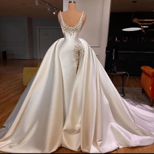 luxury beaded mermaid wedding dresses pearls bridal gowns with detachable train scoop neckline satin side split plus size robe de mariee, White
luxury beaded mermaid wedding dresses pearls bridal gowns with detachable train scoop neckline satin side split plus size robe de mariee, White