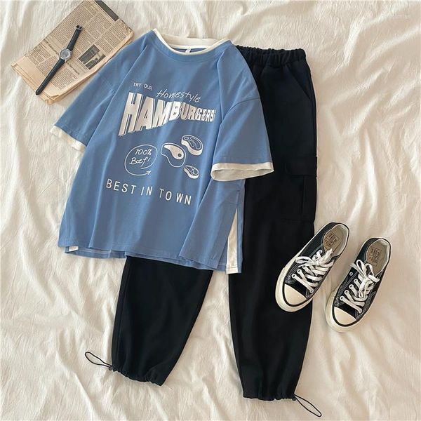 women's two piece pants women sets summer leisure loose letter print outfits preppy style cotton and black set young girls clothes, White
women's two piece pants women sets summer leisure loose letter print outfits preppy style cotton and black set young girls clothes, White