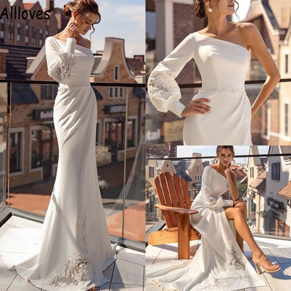 elegant one shoulder satin mermaid wedding dresses simple lace appliqued long sleeved split bridal gowns boho beach fashion brides robes de, White
elegant one shoulder satin mermaid wedding dresses simple lace appliqued long sleeved split bridal gowns boho beach fashion brides robes de, White