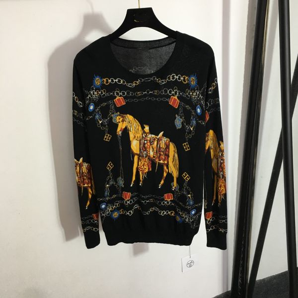 women's sweaters 2022 european trendy horse round neck long sleeve pullover sweater, White;black
women's sweaters 2022 european trendy horse round neck long sleeve pullover sweater, White;black