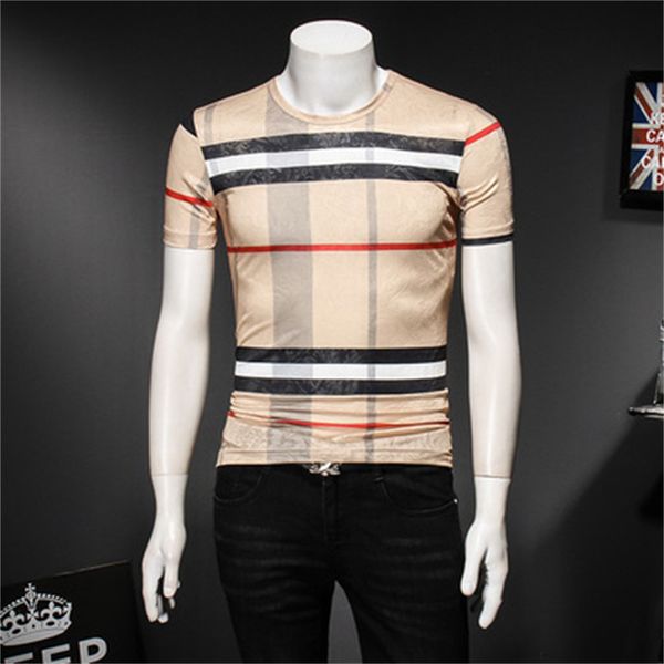 

Summer 2024 men's tops plaid short-sleeved t-shirts ice silk printing trendy fashion youth handsome round neck casual bottoming shirts 5XL, Black