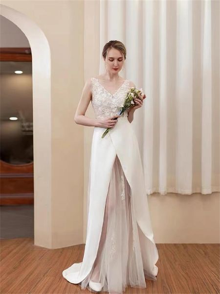 v-neck beaded lace and satin panel front slit light wedding dress ld8036, White
v-neck beaded lace and satin panel front slit light wedding dress ld8036, White