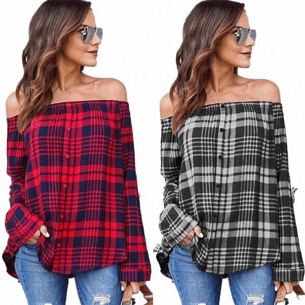 women's t-shirt spring women plaid slash neck long sleeves single breast pullover grid printed off shoulder blouse1 q9bd#, White
women's t-shirt spring women plaid slash neck long sleeves single breast pullover grid printed off shoulder blouse1 q9bd#, White