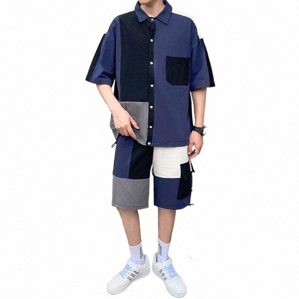 men's tracksuits set clothing shirt shorts patchwork pocket korean style summer oversized casual short sleeve shirts knee-length pants, Gray
men's tracksuits set clothing shirt shorts patchwork pocket korean style summer oversized casual short sleeve shirts knee-length pants, Gray