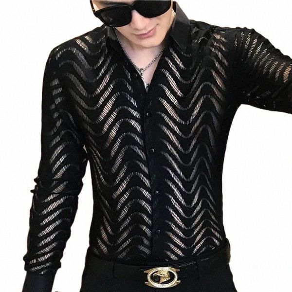 men's casual shirts stitching striped shirt summer men transparent lace cutout camisa long sleeve slim club prom party social masculina, White;black
men's casual shirts stitching striped shirt summer men transparent lace cutout camisa long sleeve slim club prom party social masculina, White;black