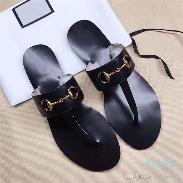 - flat slippers designer authentic cowhide beach slippers leather lazy flip flops metal buckle woman shoes large size us11 42 43239n, Black