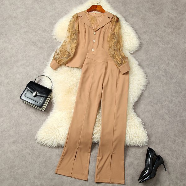 two piece pants new european and american women's wear for winter 2022 lace long-sleeved patchwork shirt flared trousers fashion suits, White 
two piece pants new european and american women's wear for winter 2022 lace long-sleeved patchwork shirt flared trousers fashion suits, White