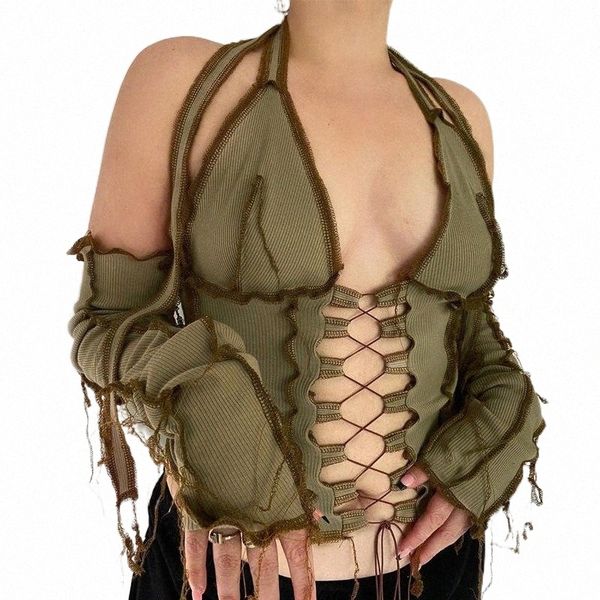 women's t-shirt backless halter ribbed tie front women long sleeve hollow out lace up t shirts patchwork bodycon crop o7xo#, White
women's t-shirt backless halter ribbed tie front women long sleeve hollow out lace up t shirts patchwork bodycon crop o7xo#, White