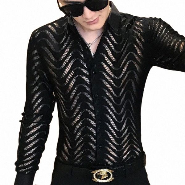 men's casual shirts stitching striped shirt summer men transparent lace cutout camisa long sleeve slim club prom party social masculina, White;black
men's casual shirts stitching striped shirt summer men transparent lace cutout camisa long sleeve slim club prom party social masculina, White;black