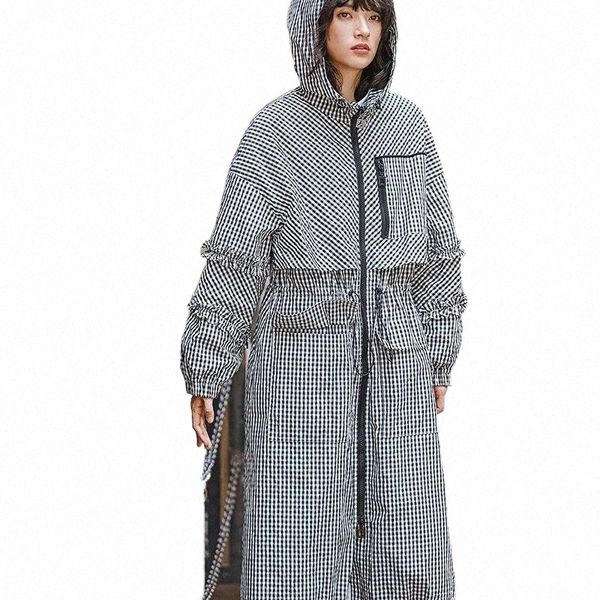 

women's trench coats nanastyle spring autumn fashion long sleeve ruffle black white plaid zipper hooded tunic coat windbreaker for wome, Tan;black