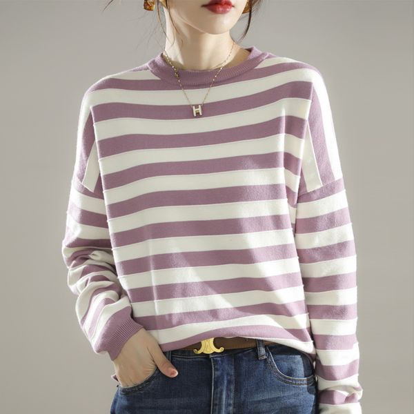 women s sweaters autumn and winter knitted round neck striped pullover loose lazy style bottoming shirt 220916, White;black
women s sweaters autumn and winter knitted round neck striped pullover loose lazy style bottoming shirt 220916, White;black