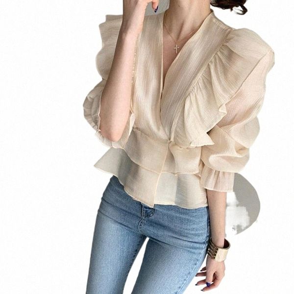 design sense niche minority blouse woman vintage ruffle short sleeve v-neck sweet chiffon thin shirt fashion girl n05e#, White
design sense niche minority blouse woman vintage ruffle short sleeve v-neck sweet chiffon thin shirt fashion girl n05e#, White