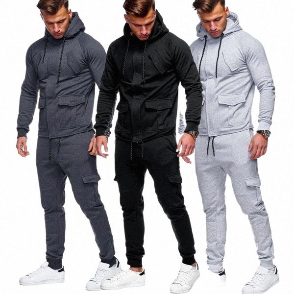 

men's tracksuits 2022 fashion zip pocket plain long sleeve hoodie outfit sweatsuit for men p4kt#, Gray