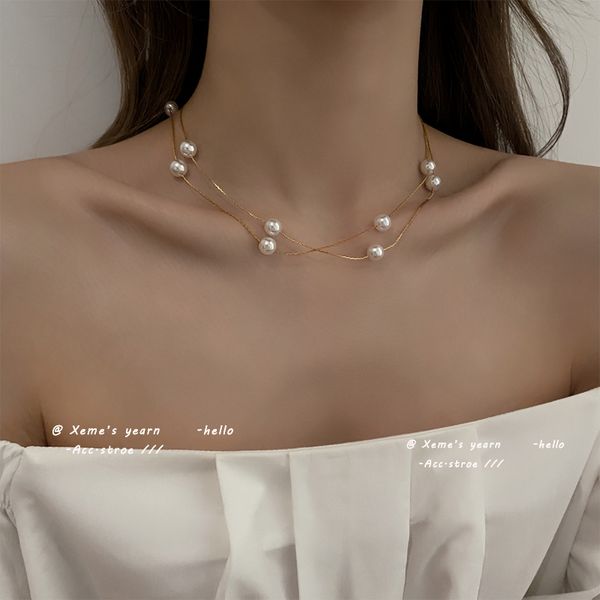 european and american elegant double-layer pearl string choker necklace korean fashion jewelry clavicle chain for woman, Silver
european and american elegant double-layer pearl string choker necklace korean fashion jewelry clavicle chain for woman, Silver