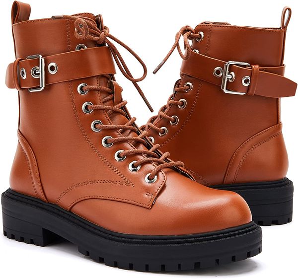 women's fashion buckle low heel combat boots anti-slip motorcycle riding ankle boots brown, Black
women's fashion buckle low heel combat boots anti-slip motorcycle riding ankle boots brown, Black