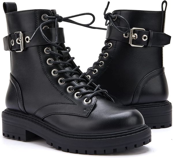 women's fashion buckle low heel combat boots anti-slip motorcycle riding ankle boots, Black
women's fashion buckle low heel combat boots anti-slip motorcycle riding ankle boots, Black