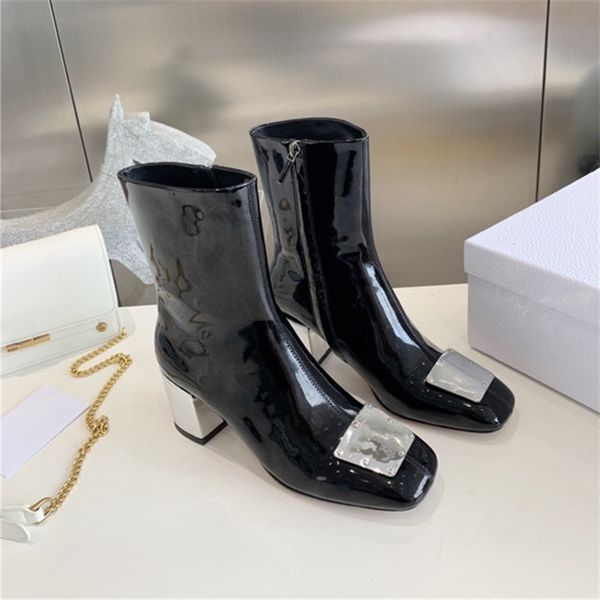 new square toe roman boots vintage hardware decorated patent leather glossy high heel booties size 35-39, Black
new square toe roman boots vintage hardware decorated patent leather glossy high heel booties size 35-39, Black