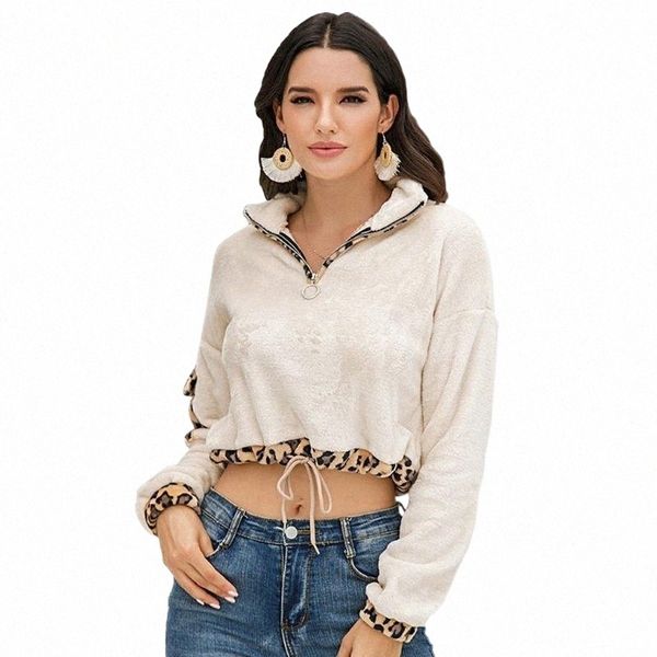 women autumn fuzzy plush sweatshirt lapel zipper drawstring hem crop leopard pocket patchwork faux fleece streetwear women's hoodies &, Black
women autumn fuzzy plush sweatshirt lapel zipper drawstring hem crop leopard pocket patchwork faux fleece streetwear women's hoodies &, Black