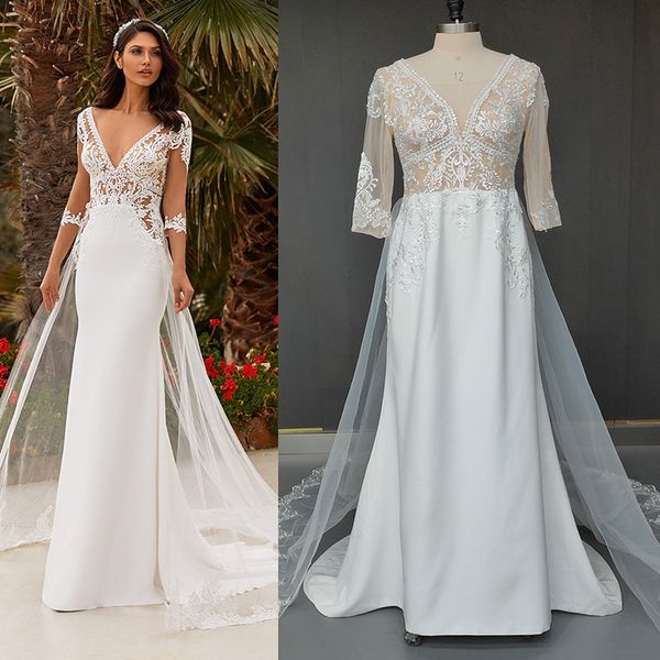 romantic deep v neck mermaid wedding dress half sleeves backless lace dresses, White
romantic deep v neck mermaid wedding dress half sleeves backless lace dresses, White