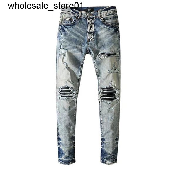 men's jeans amirs new locomotive men's jeans knee hole elastic men's pants, Blue