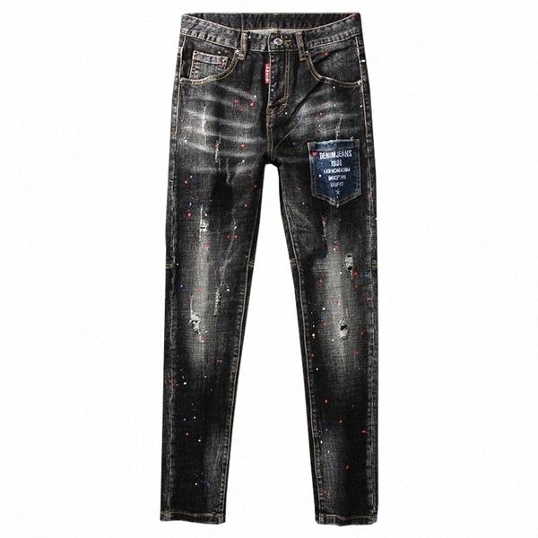 men's jeans fashion streetwear men retro gray painted designer ripped trousers patch pocket slim fit elastic hip hop pencil pants a337#, Blue
men's jeans fashion streetwear men retro gray painted designer ripped trousers patch pocket slim fit elastic hip hop pencil pants a337#, Blue
