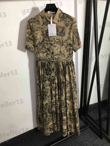 womens designer dress classic pattern animal and plant print dresses short-sleeved pleated a-shaped maxi dress with bottoming suspender skir, Black;gray