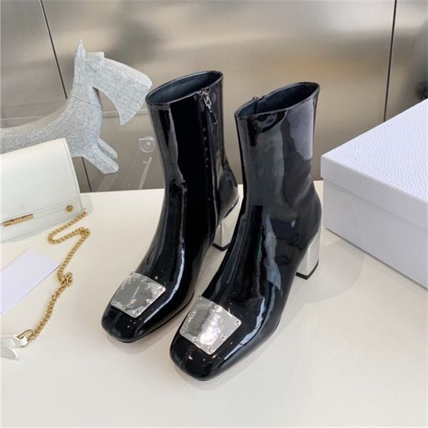 new square toe roman boots vintage hardware decorated patent leather glossy high heel booties, Black
new square toe roman boots vintage hardware decorated patent leather glossy high heel booties, Black