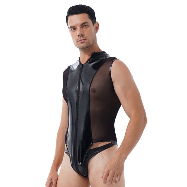 catsuit costumes mens shiny pvc patent leather clubwear sheer mesh splice lingerie bodysuit double zipper high cut thong leotard, Black
catsuit costumes mens shiny pvc patent leather clubwear sheer mesh splice lingerie bodysuit double zipper high cut thong leotard, Black