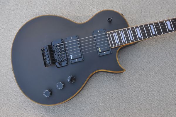 factory custom matte black electric guitar with rosewood fingerboard yellow binding double rock bridge black hardwares can be customized
factory custom matte black electric guitar with rosewood fingerboard yellow binding double rock bridge black hardwares can be customized
