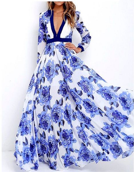 women's dress floral blue and white porcelain v-neck printed full-length skirt, Black;gray
women's dress floral blue and white porcelain v-neck printed full-length skirt, Black;gray