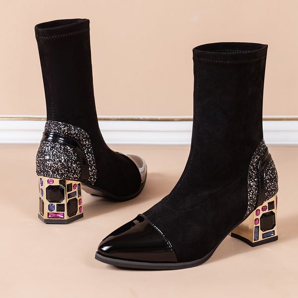 socks boots crystal luxury metal color square heels elastic fabric women stretch slip on pointed toe shoes ankle boot woman, Black
socks boots crystal luxury metal color square heels elastic fabric women stretch slip on pointed toe shoes ankle boot woman, Black