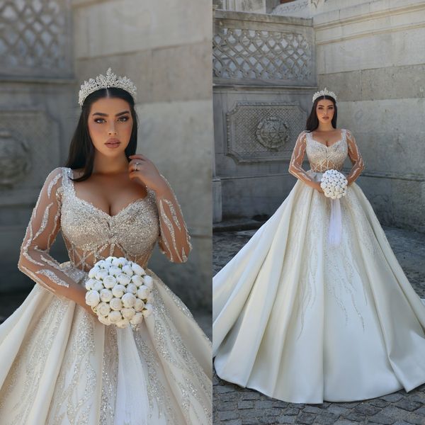modest ball gown 2023 wedding dresses long sleeve bridal gowns scoop neck saudi arabia beading sequined robes de mariee, White
modest ball gown 2023 wedding dresses long sleeve bridal gowns scoop neck saudi arabia beading sequined robes de mariee, White
