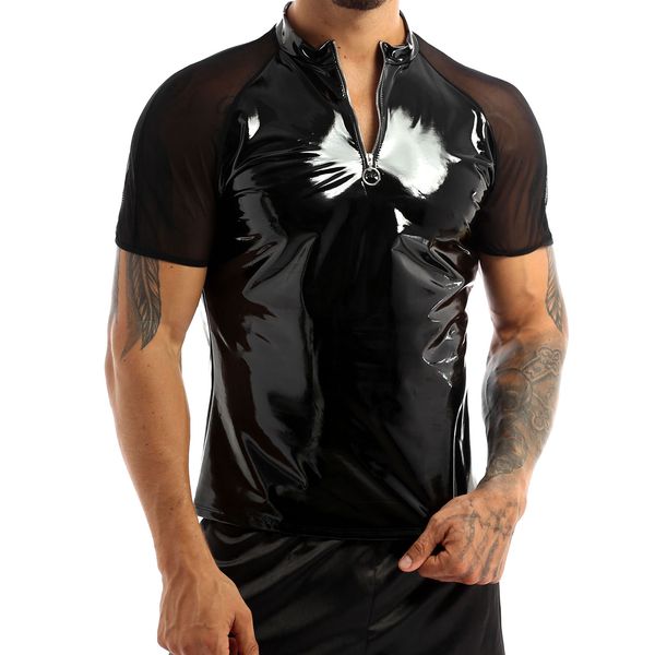 catsuit costumes mens patent leather tees round neck sheer mesh short sleeves half front zipper t-shirts wet look clubwear, Black
catsuit costumes mens patent leather tees round neck sheer mesh short sleeves half front zipper t-shirts wet look clubwear, Black