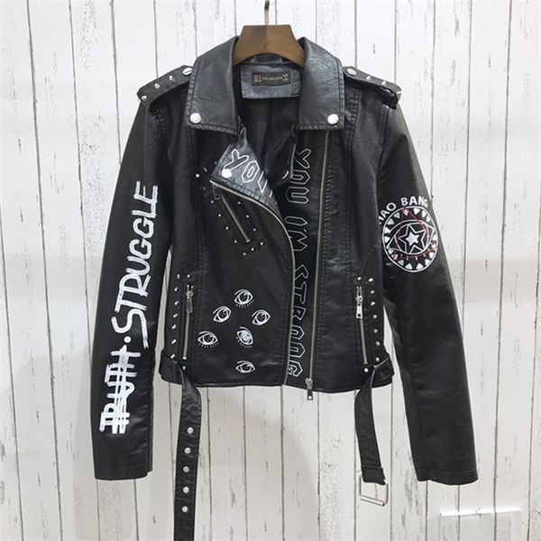 women's leather faux fmfssom spring women jacket turn-down collar letter print epaulet rivet zipper lady letter vintage biker outerwear, Black
women's leather faux fmfssom spring women jacket turn-down collar letter print epaulet rivet zipper lady letter vintage biker outerwear, Black