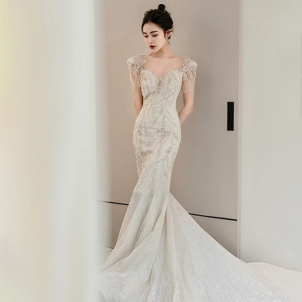 mermaid wedding dresses sheer neckline with beading sequins sweep train bridal gowns, White
mermaid wedding dresses sheer neckline with beading sequins sweep train bridal gowns, White